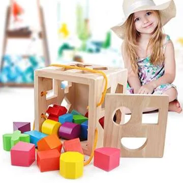 QZMTOY Shape Sorter Toys with 19 Shape Blocks,Shape Sorting Cube Toy Box Classic Wooden Toys for Toddlers Kids,Gift for Girls Boys 2-4(Natural Solid Wood)