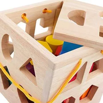 QZMTOY Shape Sorter Toys with 19 Shape Blocks,Shape Sorting Cube Toy Box Classic Wooden Toys for Toddlers Kids,Gift for Girls Boys 2-4(Natural Solid Wood)