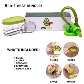 Avo Hero Ultimate Bundle-Professional-Grade Food Prep Tools Stainless Steel Slicer, ABS Plastic Saver, Cuber, 2-Piece Citrus Sprayer and Tray-Quick and Easy to Use-Dishwasher-Safe Set, Avocado Green