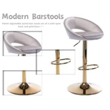 CIMOO Velvet Swivel Bar Stools Set of 2 with Open Back, Upholstered Adjustable Bar Height Bartools Modern Counter Height Barstools Island Chairs with Gold Legs for Kitchen/Home Bar/Pub, Grey