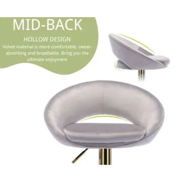 CIMOO Velvet Swivel Bar Stools Set of 2 with Open Back, Upholstered Adjustable Bar Height Bartools Modern Counter Height Barstools Island Chairs with Gold Legs for Kitchen/Home Bar/Pub, Grey