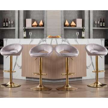 CIMOO Velvet Swivel Bar Stools Set of 2 with Open Back, Upholstered Adjustable Bar Height Bartools Modern Counter Height Barstools Island Chairs with Gold Legs for Kitchen/Home Bar/Pub, Grey