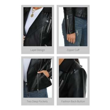 Fahsyee Women's Black Leather Jackets, Faux Motorcycle Bomber Moto Bike Plus Size Coat Short Lightweight Vegan Pleather Fashion M