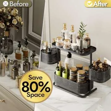 KINGRACK Bathroom Counter Organizer, 3 Tier Rotating Vanity Bedroom Storage cabinet, Cosmetic Holder Standing Shelf, Bathroom Tray for Countertop Storage, Kitchen Spice Rack, Black