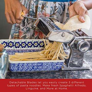 Pasta Maker - Original Design - Noodle Roller Hand Press Machine w/Adjustable Thickness - Washable Aluminum Alloy Rollers & Cutters - Manual Kit Best for Spaghetti, Fettuccini & Lasagna Dough