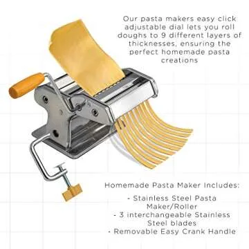 Pasta Maker - Original Design - Noodle Roller Hand Press Machine w/Adjustable Thickness - Washable Aluminum Alloy Rollers & Cutters - Manual Kit Best for Spaghetti, Fettuccini & Lasagna Dough