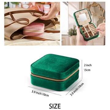 Plush Velvet Travel Jewelry Case, Travel Jewelry Organizer, Jewelry Travel Case, Travel Jewelry Box, Small Jewelry Case for Women,Jewelry Travel Box, Earring Organizer with Mirror - Emerald Green