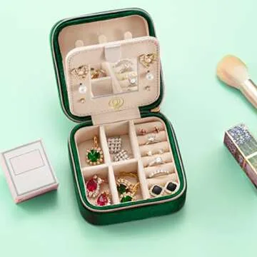 Plush Velvet Travel Jewelry Case, Travel Jewelry Organizer, Jewelry Travel Case, Travel Jewelry Box, Small Jewelry Case for Women,Jewelry Travel Box, Earring Organizer with Mirror - Emerald Green