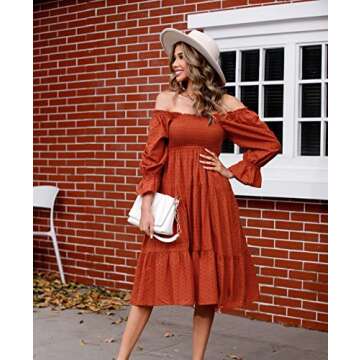 R.Vivimos Women's Summer Cotton Polka Dots Puff Sleeves Bow Casual Off-Shoulder Boho Midi Dress (Lar...