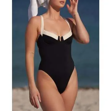 HYPERFIRE Women's High Cut Cheeky One Piece Swimsuit Underweired Swimwear Push up Bathing Suit Black and White Medium