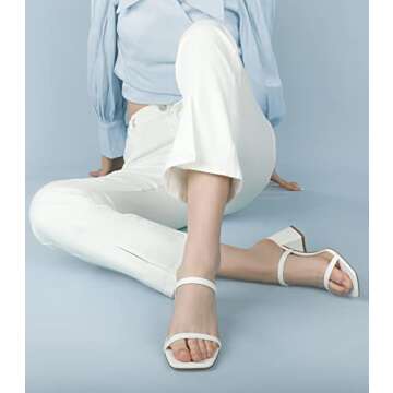 Leevar Square Toe Heeled Sandals for Women,Women's Low Block Heels Sandals,2.25IN Open Toe Ankle Strap Chunky Heels, White Pu, 6 UK