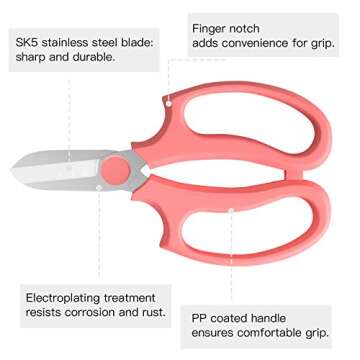 Housolution Flower Scissors, Strong Floral Shears, Premium Steel Garden Pruning Shears Floral Fruits Leaf Scissors Hand Pruner Snip Trimming Tool for Gardening Flower Arrangement, Pink