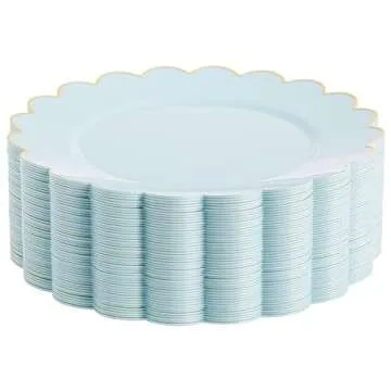 50 Baby Blue Plates - Scalloped Plastic with Gold Rim