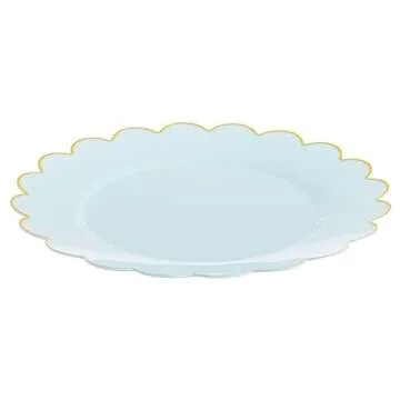 50 Baby Blue Plates - Scalloped Plastic with Gold Rim