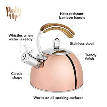 Pinky Up Presley Tea Kettle, Stovetop Stainless Steel Kettle, Whistling, Tea Accessory gifts, Fast Boil Water Kettle, Wooden Handle, 70 oz, Rose Gold