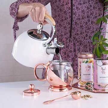 Pinky Up Presley Tea Kettle, Stovetop Stainless Steel Kettle, Whistling, Tea Accessory gifts, Fast Boil Water Kettle, Wooden Handle, 70 oz, Rose Gold