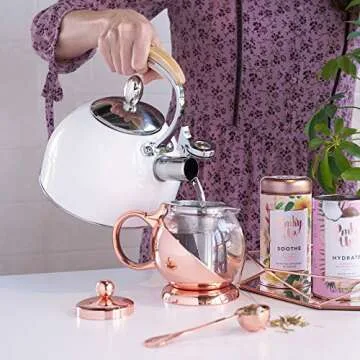 Pinky Up Presley Tea Kettle, Stovetop Stainless Steel Kettle, Whistling, Tea Accessory gifts, Fast Boil Water Kettle, Wooden Handle, 70 oz, Rose Gold