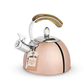 Pinky Up Presley Tea Kettle, Stovetop Stainless Steel Kettle, Whistling, Tea Accessory gifts, Fast Boil Water Kettle, Wooden Handle, 70 oz, Rose Gold