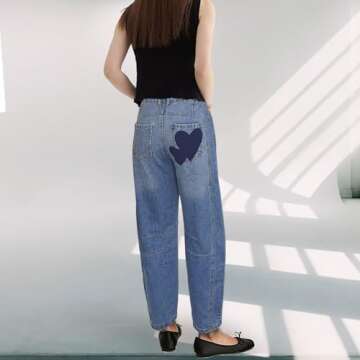 Stylish Heart Printed Barrel Jeans for Women