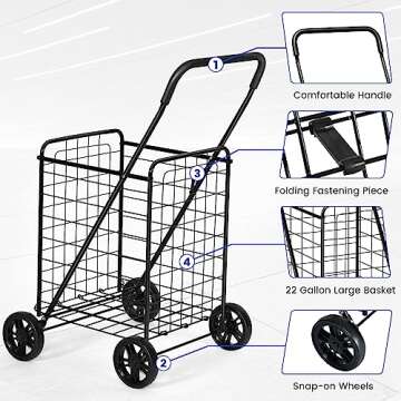 IRONMAX Grocery Shopping Cart, Foldable Heavy Duty Utility Cart w/Large Wheels for Easy Installation...