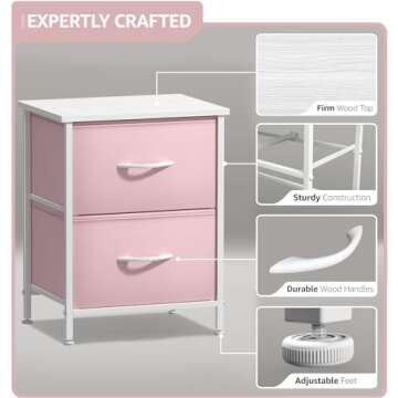 Sorbus Nightstand with 2 Drawers - Kids Bedside Furniture End Table Night Stand - Steel Frame, Wood Top & Easy Pull Fabric Bins - Dresser & Chest for Home, Bedroom Accessories, Office & College Dorm