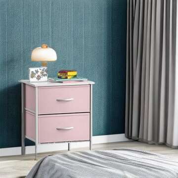 Sorbus Nightstand with 2 Drawers - Kids Bedside Furniture End Table Night Stand - Steel Frame, Wood Top & Easy Pull Fabric Bins - Dresser & Chest for Home, Bedroom Accessories, Office & College Dorm