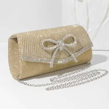 Trisapu Bow Evening Bag Sparkly Clutch Purses for Women Wedding Glitter Rhinestone Party Prom Purse Dressy Clutch Bags Gold