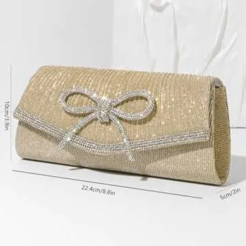 Trisapu Bow Evening Bag Sparkly Clutch Purses for Women Wedding Glitter Rhinestone Party Prom Purse Dressy Clutch Bags Gold