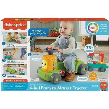 Fisher-Price Baby to Toddler Toy Laugh & Learn 4-in-1 Farm to Market Tractor Ride On with Pull Wagon & Smart Stages for Infants Ages 9+ Months