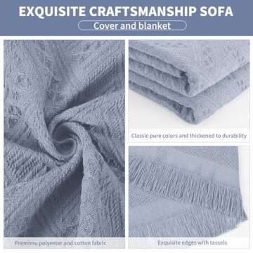 Dusty Blue Sofa Blanket Washable Couch Cover Geometrical Woven Jacquard Sofa Cover Blanket with Tassels for 3 Cushion Furniture Protector for Pets Kids Blankets for Lunch Break Travel Picnic（91x134In)