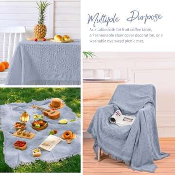 Dusty Blue Sofa Blanket Washable Couch Cover Geometrical Woven Jacquard Sofa Cover Blanket with Tassels for 3 Cushion Furniture Protector for Pets Kids Blankets for Lunch Break Travel Picnic（91x134In)