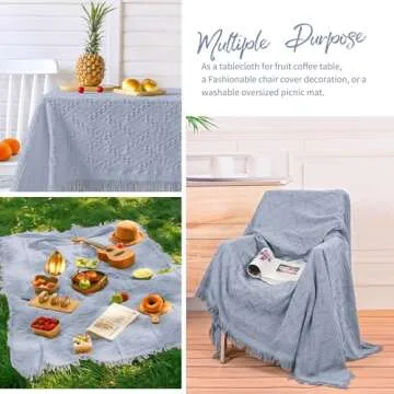 Dusty Blue Sofa Blanket Washable Couch Cover Geometrical Woven Jacquard Sofa Cover Blanket with Tassels for 3 Cushion Furniture Protector for Pets Kids Blankets for Lunch Break Travel Picnic（91x134In)