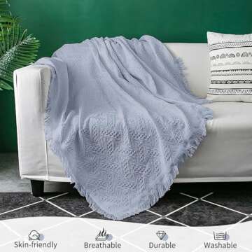 Dusty Blue Sofa Blanket Washable Couch Cover Geometrical Woven Jacquard Sofa Cover Blanket with Tassels for 3 Cushion Furniture Protector for Pets Kids Blankets for Lunch Break Travel Picnic（91x134In)