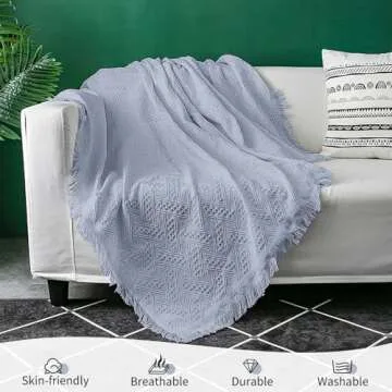 Dusty Blue Sofa Blanket Washable Couch Cover Geometrical Woven Jacquard Sofa Cover Blanket with Tassels for 3 Cushion Furniture Protector for Pets Kids Blankets for Lunch Break Travel Picnic（91x134In)
