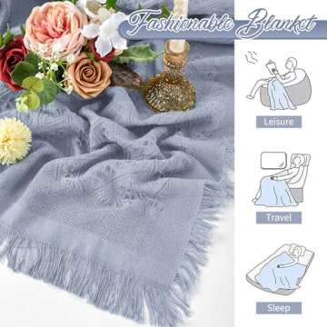 Dusty Blue Sofa Blanket Washable Couch Cover Geometrical Woven Jacquard Sofa Cover Blanket with Tassels for 3 Cushion Furniture Protector for Pets Kids Blankets for Lunch Break Travel Picnic（91x134In)