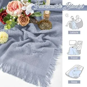 Dusty Blue Sofa Blanket Washable Couch Cover Geometrical Woven Jacquard Sofa Cover Blanket with Tassels for 3 Cushion Furniture Protector for Pets Kids Blankets for Lunch Break Travel Picnic（91x134In)