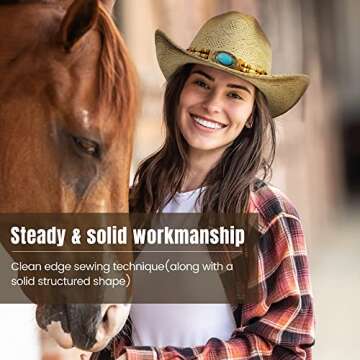 Livingston Men & Women's Woven Straw Cowboy Hat w/Hat Band Decor, Oval Bead Nature