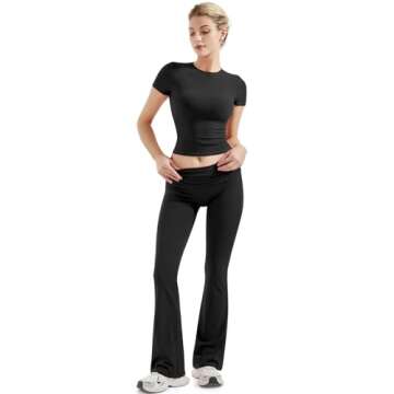 SUUKSESS Women 2 Piece Lounge Sets Going Out Y2K Foldover Pants Crew Neck Fitted Shirts Matching Paj...