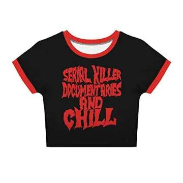Womens Crop Tops Summer Casual Short Sleeve Goth Halloween Print Cropped T Shirts (Serial Killer 019,S)