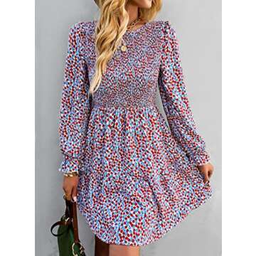 KIRUNDO Womens Fall Dresses Casual Long Sleeve Floral Dress Crewneck Smocked High Waist Ruffle A Lin...