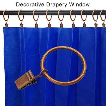 AMZSEVEN 40 Pack Metal Curtain Rings with Clips, Drapery Clips Hooks, Decorative Curtain Rod Clips 1.5 in Interior Diameter, Antique Copper