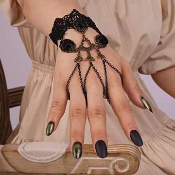 Kercisbeauty Black Rose Floral Lack Bracelet with Finger Ring Gothic Hand Chain Retro Gold Metal Pendant Wrist Chain for Women Halloween Party Jewelry (Style 5)