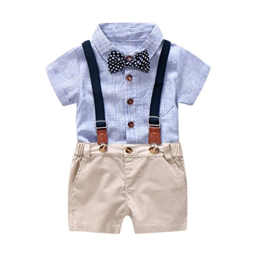 Adorable Baby Boys Gentleman Outfit Suits - Blue Shirt, Beige Overalls, Bowtie & Suspenders Set for ...