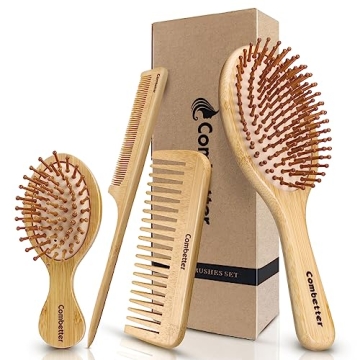 Combetter Bamboo Hairbrush and Comb Set - Eco-Friendly Natural Paddle Detangler Brush with Scalp Mas...