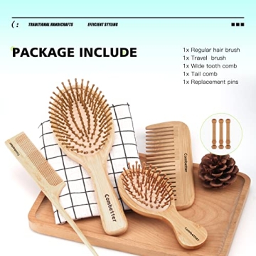 Combetter Eco-Friendly Bamboo Hairbrush & Comb Set for Healthy Hair
