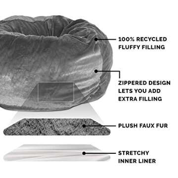 Furhaven Soft & Cozy Dog Bed for Large Dogs, Refillable w/ Removable Washable Cover & Liner, For Dogs Up to 95 lbs - Plush Faux Fur Bean Bag Style Ball Bed - Gray Mist, XL/Jumbo