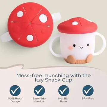 Itzy Ritzy Toddler Snack Cup - Spill-Proof Snack Cup for Toddlers with Soft Silicone Lid for Easy Food Access - Easy-To-Hold Kids Snack Container With Handles - Ideal for 12 months & Up (Mushroom)