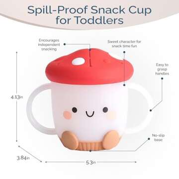 Itzy Ritzy Toddler Snack Cup - Spill-Proof Snack Cup for Toddlers with Soft Silicone Lid for Easy Food Access - Easy-To-Hold Kids Snack Container With Handles - Ideal for 12 months & Up (Mushroom)