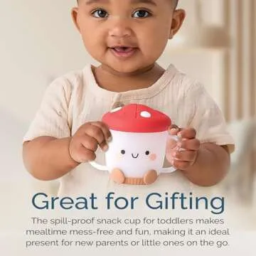 Itzy Ritzy Toddler Snack Cup - Spill-Proof Snack Cup for Toddlers with Soft Silicone Lid for Easy Food Access - Easy-To-Hold Kids Snack Container With Handles - Ideal for 12 months & Up (Mushroom)
