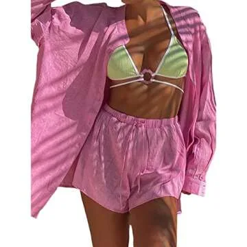 RUEWEY Women 2 Piece Tracksuit Casual Outfits Button Down Shirt Cardigan Tops + Elastic Waist Lounge Shorts Set (S, Pink)